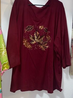 Catherines Burgundy V-Neck Long Sleeve Top with Gold Leaf Embellishment